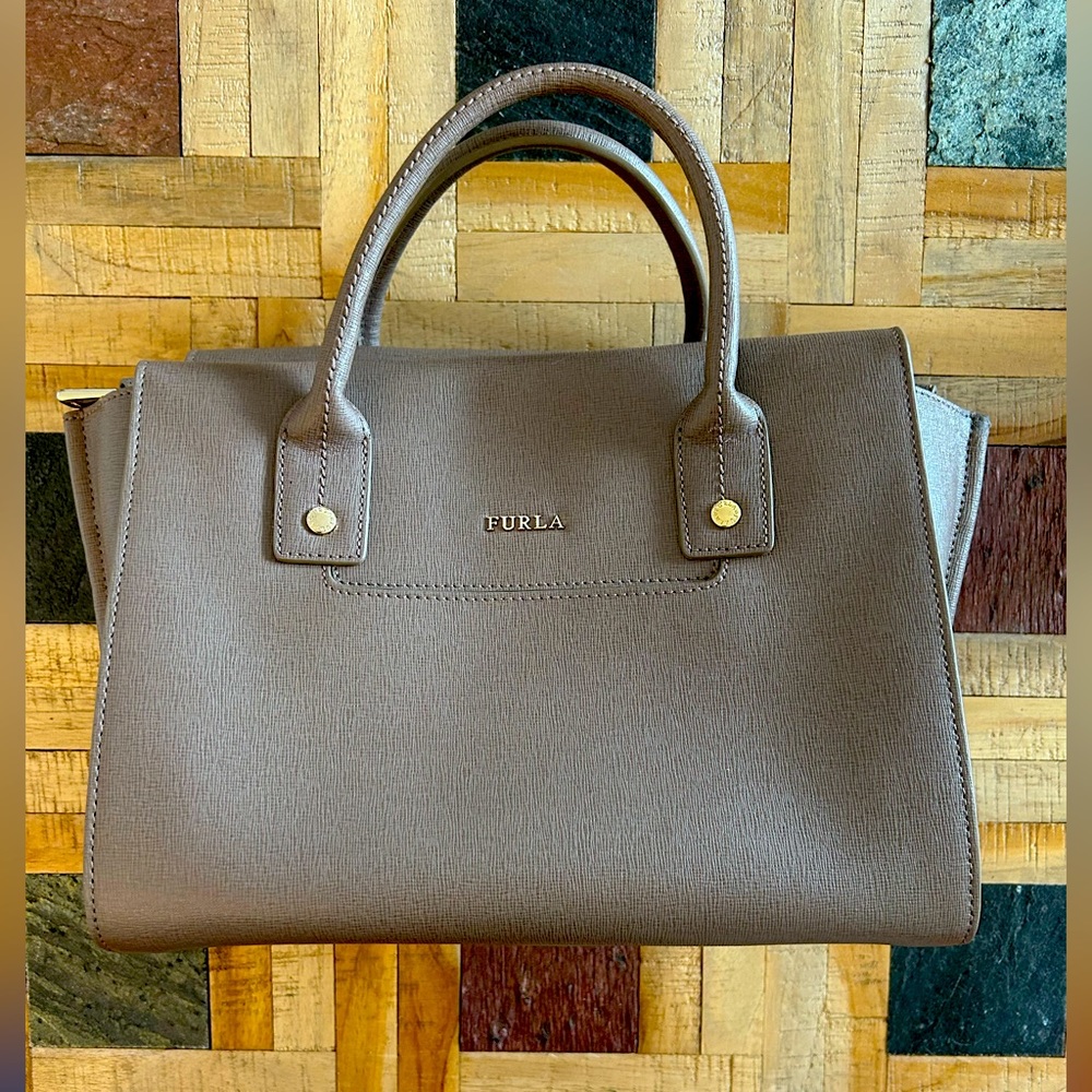Furla Taupe Saffiano Leather Structured Tote Bag Italy Gold Logo